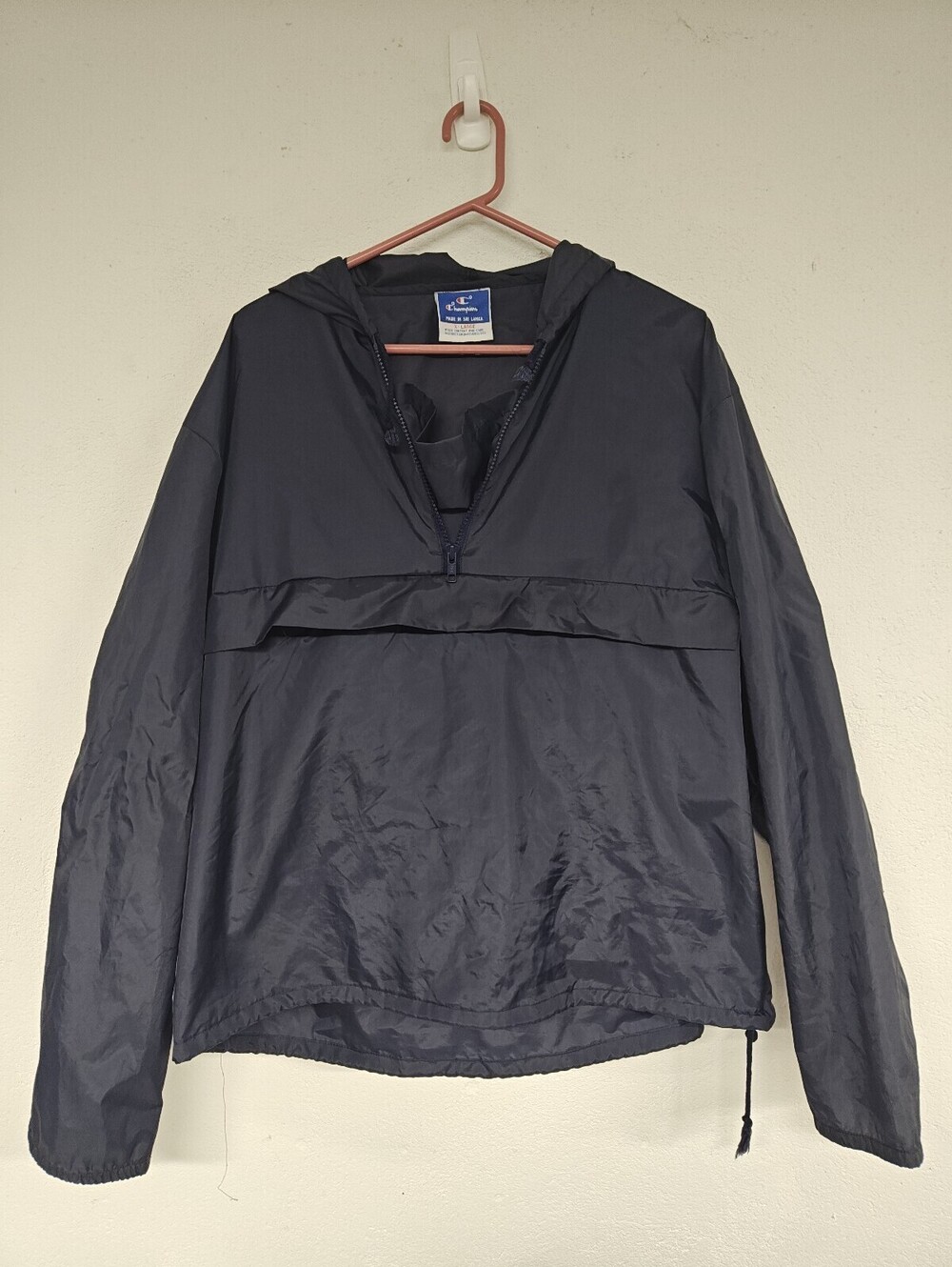 Vintage 90s Champion Anorak Windbreaker Men’s XL Navy Hooded 1/2 Zip Pullover